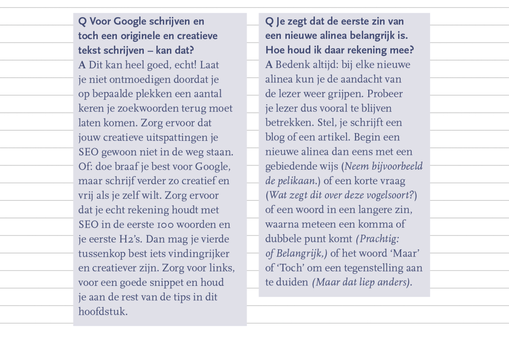 Foto uit mijn boek De Regels van Roze.
Twee vragen met antwoord in blauwgrijze vlakken:
Voor Google schrijven en toch een originele en creatieve tekst schrijven - kan dat?
Je zegt dat de eerste zin van een nieuwe alinea belangrijk is. Hoe houd ik daar rekening mee?